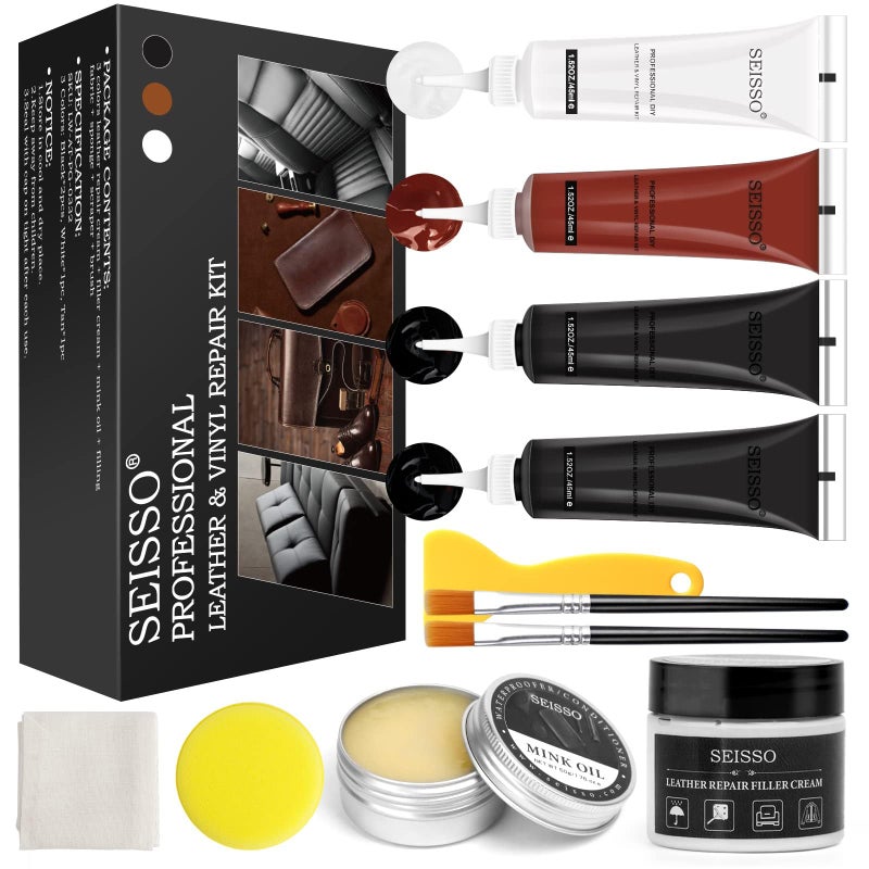 SEISSO Leather Repair Kit for Furniture Vinyl Leather Repair Kit Car Interior Leather Dye with Mink Oil Leather Filler Restore for Sofa Couch Cat Scratches