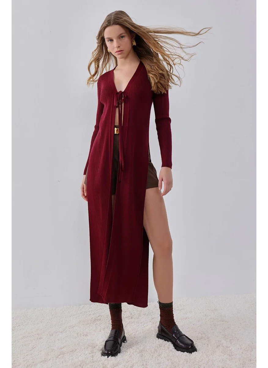 Pieces Of Melon Claret Red Side Slit Long, Tie Detailed Knitwear Cardigan