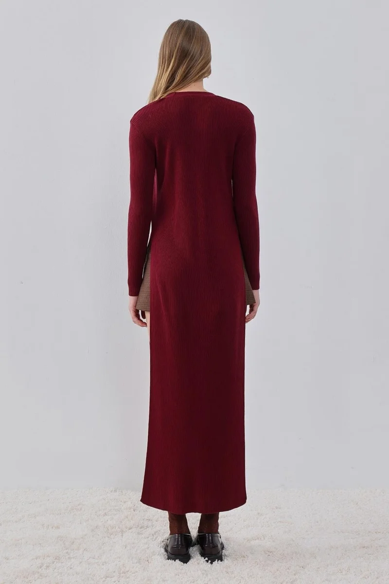 Pieces Of Melon Claret Red Side Slit Long, Tie Detailed Knitwear Cardigan
