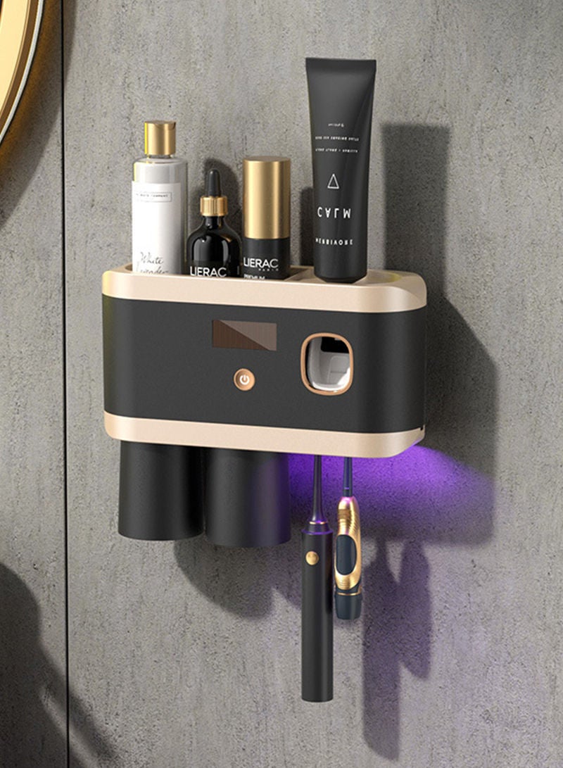 شاربدو حامل مطهر فرشاة الأسنان بالأشعة فوق البنفسجية للحمامات مع عصارة موزع معجون الأسنان مثبتة على الحائط، منظم USB قابل لإعادة الشحن مع منظف ضوء UVC LED - Image 1