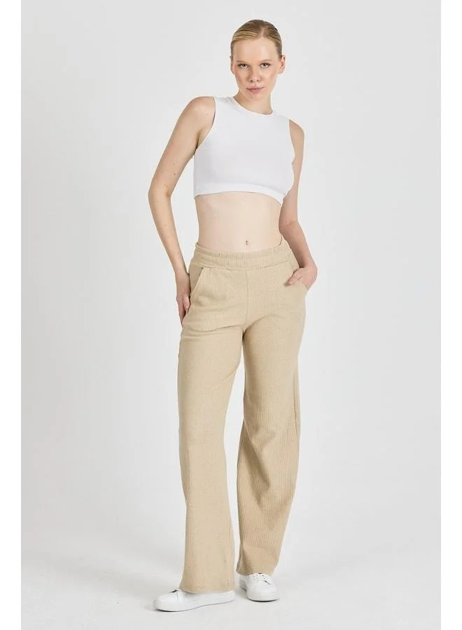 Mmetalic Women's Beige High-Waist Wide-Leg Kaşkorse Pleated Pocket Pants Sweatshirt Bottom.