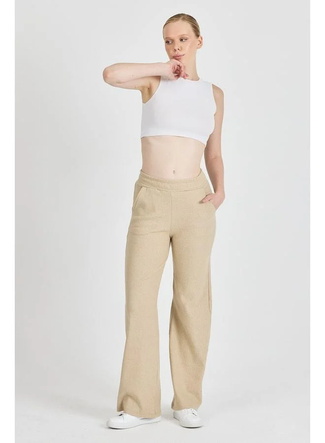 Women's Beige High-Waist Wide-Leg Kaşkorse Pleated Pocket Pants Sweatshirt Bottom.