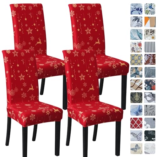 SPRINGRICO Christmas Chair Covers for Dining Room Set of 4 Stretch Dining Chair Cover Kitchen Parsons Chair Slipcovers Removable Seat Covers for Home Decorations Party 4 Pack Style4 Xmas - Image 1