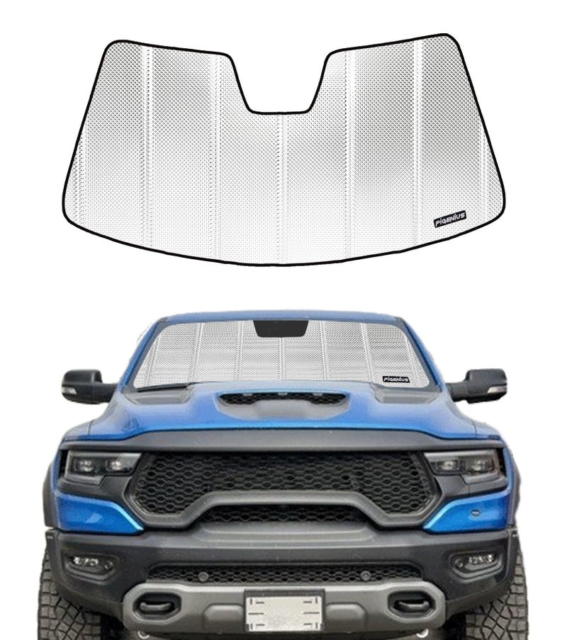 Pigenius Windshield Sun Shade for Ram 1500 20192025 with 5 Inch Wide Sensor Reflective Aluminum Film Front Window Sunshade BLAZBLOCK
