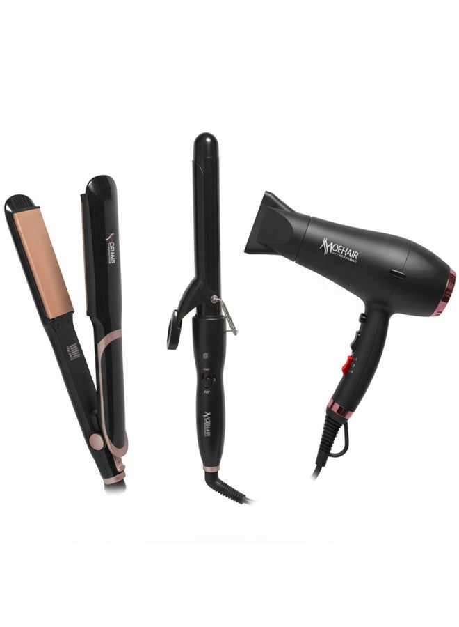 MoeHair 3 in 1 Professional Hair Care Kit MO-30, Set with 990°F Hair Dryer, Straightener & Curler for Quick Styling, Smooth Finish & Salon Quality Results at Home - Image 1