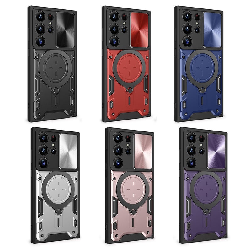 HuHa Case Cover For Samsung Galaxy S22 Ultra 5G CD Texture Sliding Camshield Magnetic Holder Phone Case(Blue) - Image 2