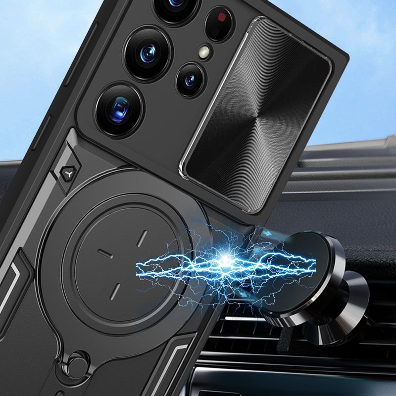 HuHa Case Cover For Samsung Galaxy S22 Ultra 5G CD Texture Sliding Camshield Magnetic Holder Phone Case(Blue) - Image 4