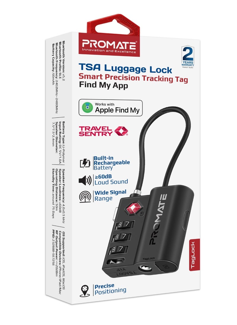 PROMATE - Promate TSA-Approved Smart Lock with Anti-Loss Tracking, Apple Find My App Compatibility, Worldwide Precise Tracking, Loud Alarm, Rechargeable Battery, and Privacy Protection - TagLock - Image 1