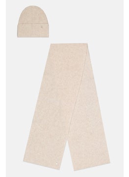 ESPRIT Women 2 Pcs Rib Knit Beanie and Scarf Set, Off White  - Image 1