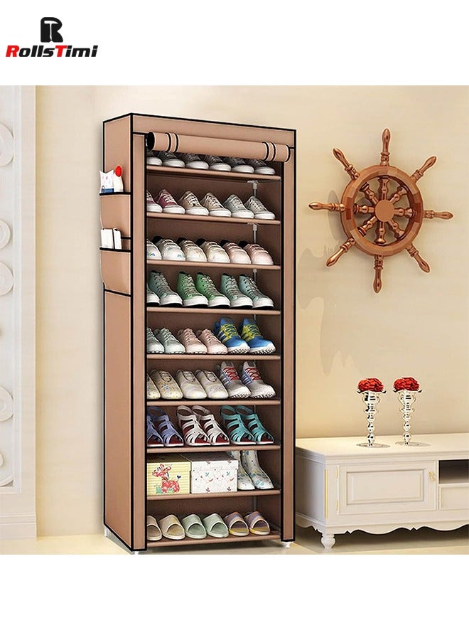 RollsTimi  10 Tiers Shoe Rack Cabinet,Shoe Storage Boxes with Non Woven Fabric Cover, Shoe Shelf for Entryway,Shoe Organizer Bins,Coffee - Image 3