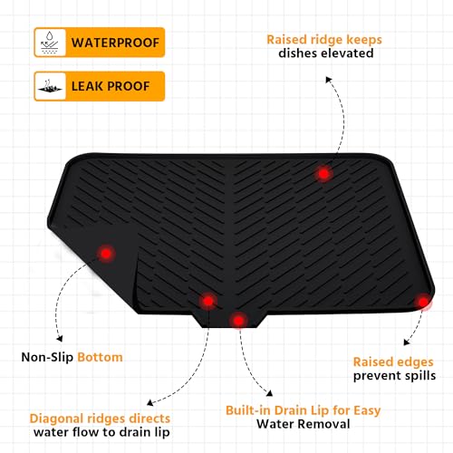 Luxet Silicone Dish Drying Mat with Built-in Drain Lip - Hygienic Drying Pad - Sturdy Compact Easy to Clean Tray Protects Surfaces Prevents Water Build Up - 23 X 17 (Black) - Image 3