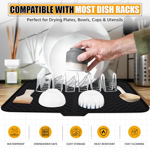 Luxet Silicone Dish Drying Mat with Built-in Drain Lip - Hygienic Drying Pad - Sturdy Compact Easy to Clean Tray Protects Surfaces Prevents Water Build Up - 23 X 17 (Black) - Image 5