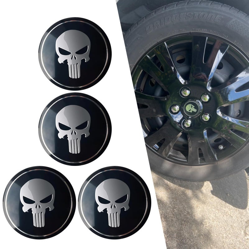 ijuicy 4 PCS Car Wheel Center Hub Cap Cover, Metal Scratch-Proof Anti-Fading Skull Pattern Center Caps for Rims, Self-Adhesive Wheel Center Caps Sticker, Universal for Cars Trucks (Black) - Image 1