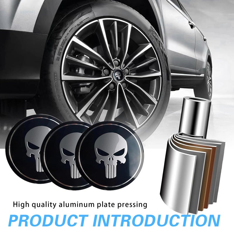 ijuicy 4 PCS Car Wheel Center Hub Cap Cover, Metal Scratch-Proof Anti-Fading Skull Pattern Center Caps for Rims, Self-Adhesive Wheel Center Caps Sticker, Universal for Cars Trucks (Black) - Image 5