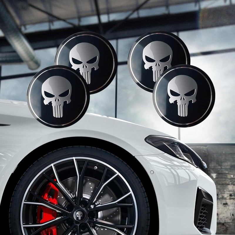 ijuicy 4 PCS Car Wheel Center Hub Cap Cover, Metal Scratch-Proof Anti-Fading Skull Pattern Center Caps for Rims, Self-Adhesive Wheel Center Caps Sticker, Universal for Cars Trucks (Black) - Image 4