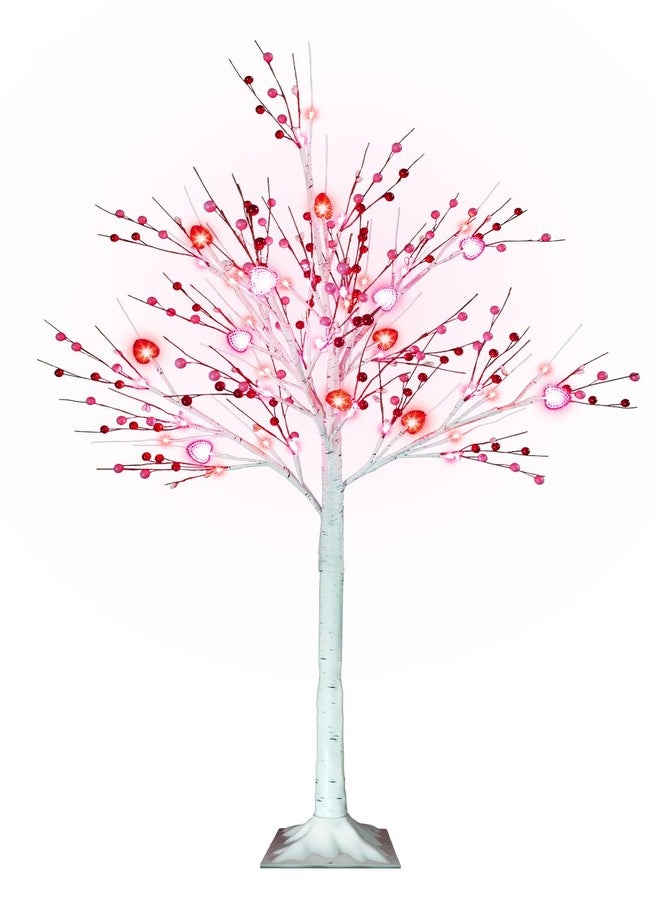 Ruidazon 4 FT Birch Tree with Lights, Lighted Birch Tree with Heart Berry Ornaments 48 Led Red Pink Lights Artificial Light Up Birch Tree for Home Indoor Decoration - Image 1