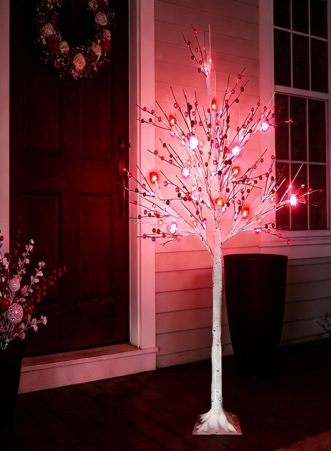 Ruidazon 4 FT Birch Tree with Lights, Lighted Birch Tree with Heart Berry Ornaments 48 Led Red Pink Lights Artificial Light Up Birch Tree for Home Indoor Decoration - Image 2
