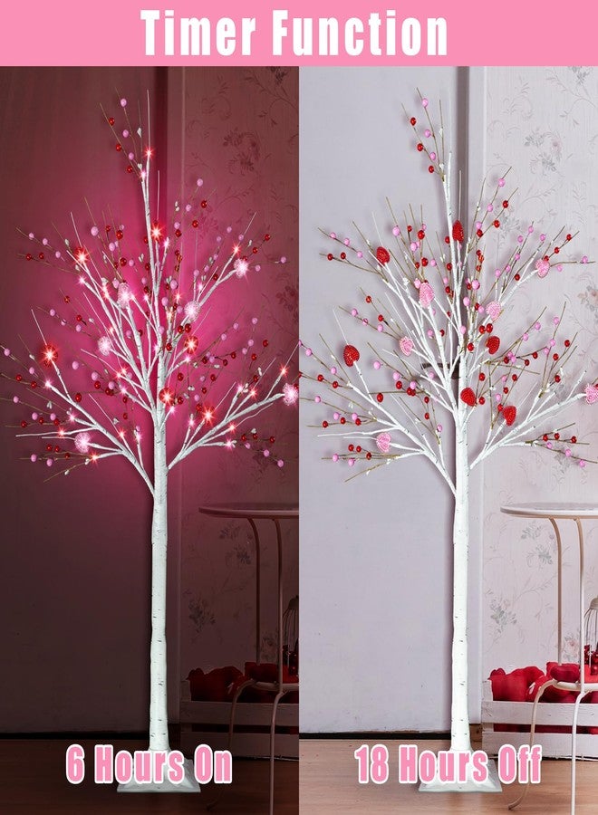 Ruidazon 4 FT Birch Tree with Lights, Lighted Birch Tree with Heart Berry Ornaments 48 Led Red Pink Lights Artificial Light Up Birch Tree for Home Indoor Decoration - Image 5