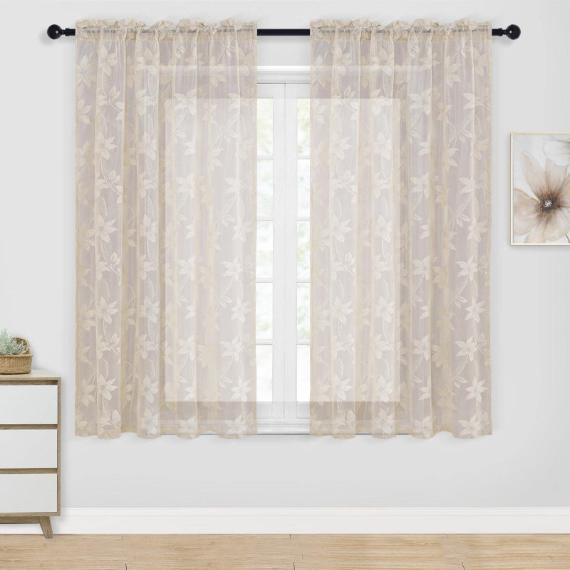 DWCN Sheer Curtains  Floral Lace Design Rod Pocket Window Voile Sheer Drapes for Bedroom Kitchen Short Curtains 52 x 54 inch Length Set of 2 Curtain Panels Beige