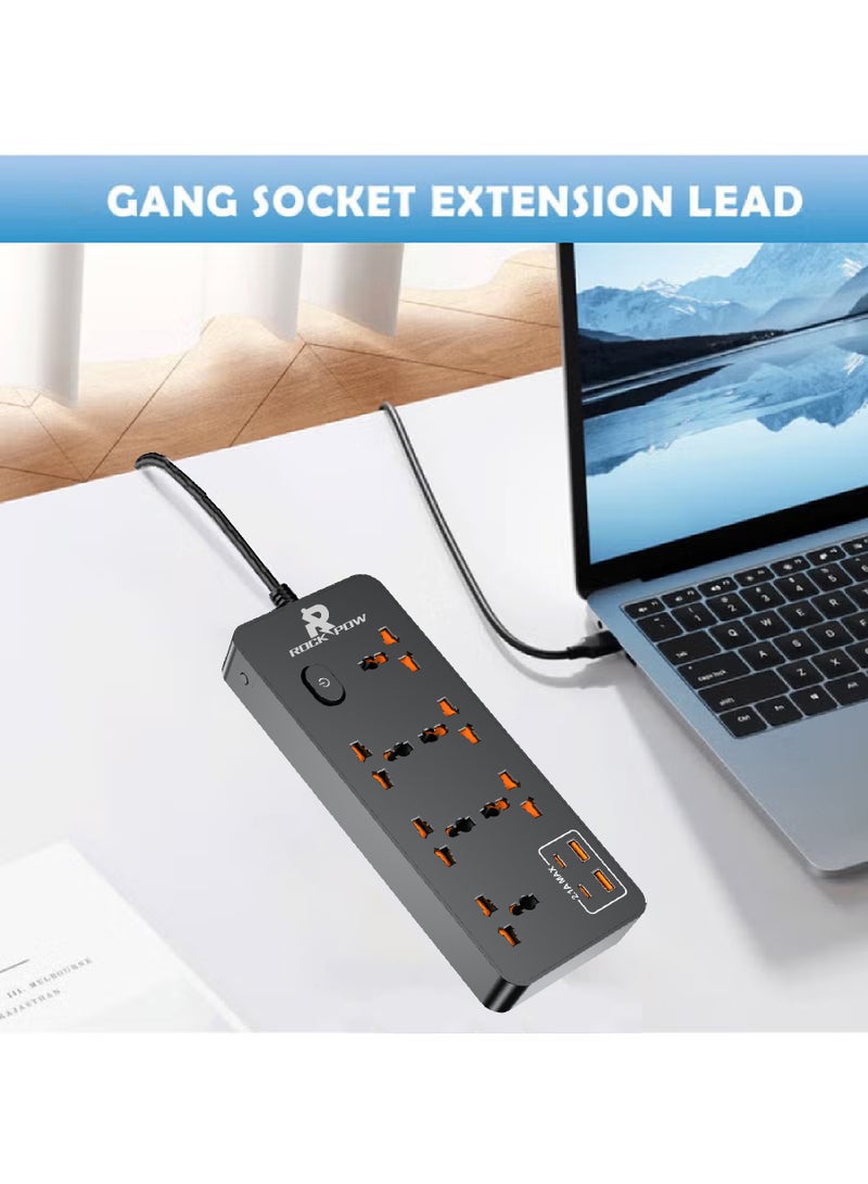 Rock Pow 5 meters Universal Extension Lead with Multiple Function UK Plug 3 Pin Socket Outlet with 6 Gang 2 USB Port 2 Type-C Port 5M Electric Socket Mains Strip for Home Kitchen and Office 5 meters - Image 3