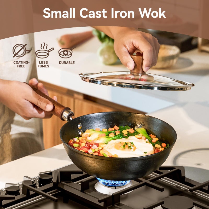 WANGYUANJI 9.5 Inch Small Cast Iron Wok with Lid - Handcrafted Tortoise Shell Texture Uncoated Stir Fry Pan, Flat Bottom Wok for Electric, Induction & Gas Stoves, 2.5 Quart (Requires Seasoning) - Image 5