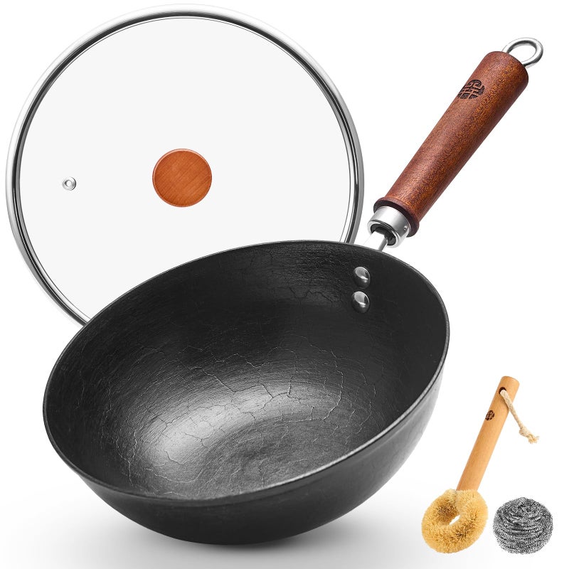 WANGYUANJI 9.5 Inch Small Cast Iron Wok with Lid - Handcrafted Tortoise Shell Texture Uncoated Stir Fry Pan, Flat Bottom Wok for Electric, Induction & Gas Stoves, 2.5 Quart (Requires Seasoning) - Image 1