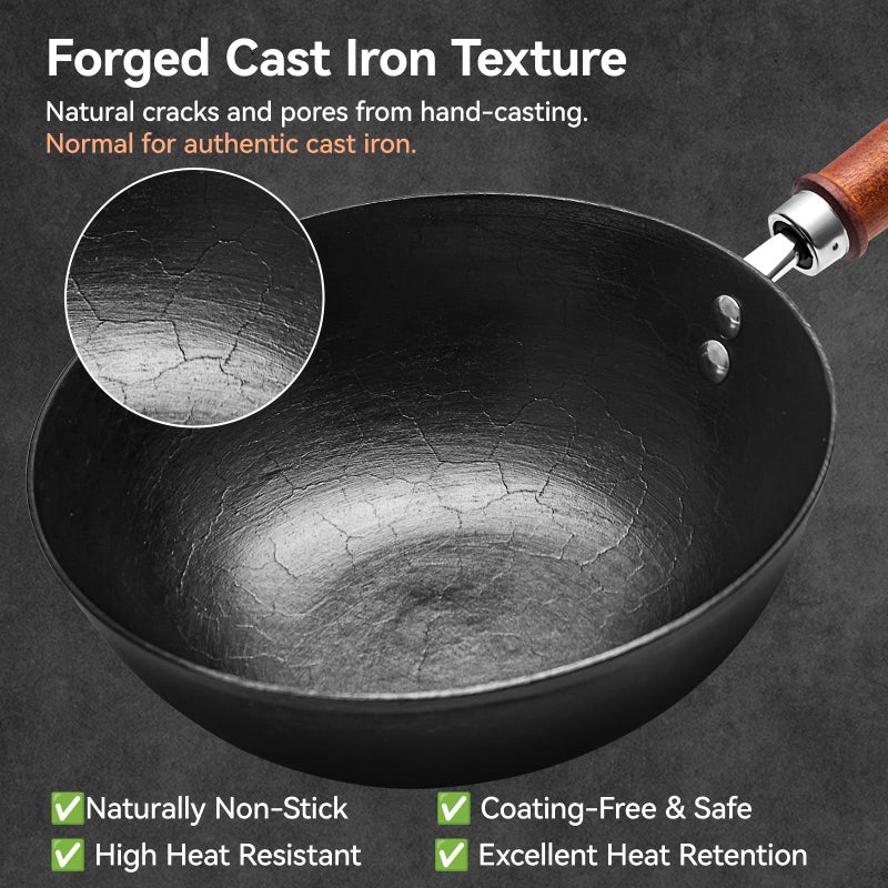 WANGYUANJI 9.5 Inch Small Cast Iron Wok with Lid - Handcrafted Tortoise Shell Texture Uncoated Stir Fry Pan, Flat Bottom Wok for Electric, Induction & Gas Stoves, 2.5 Quart (Requires Seasoning) - Image 2