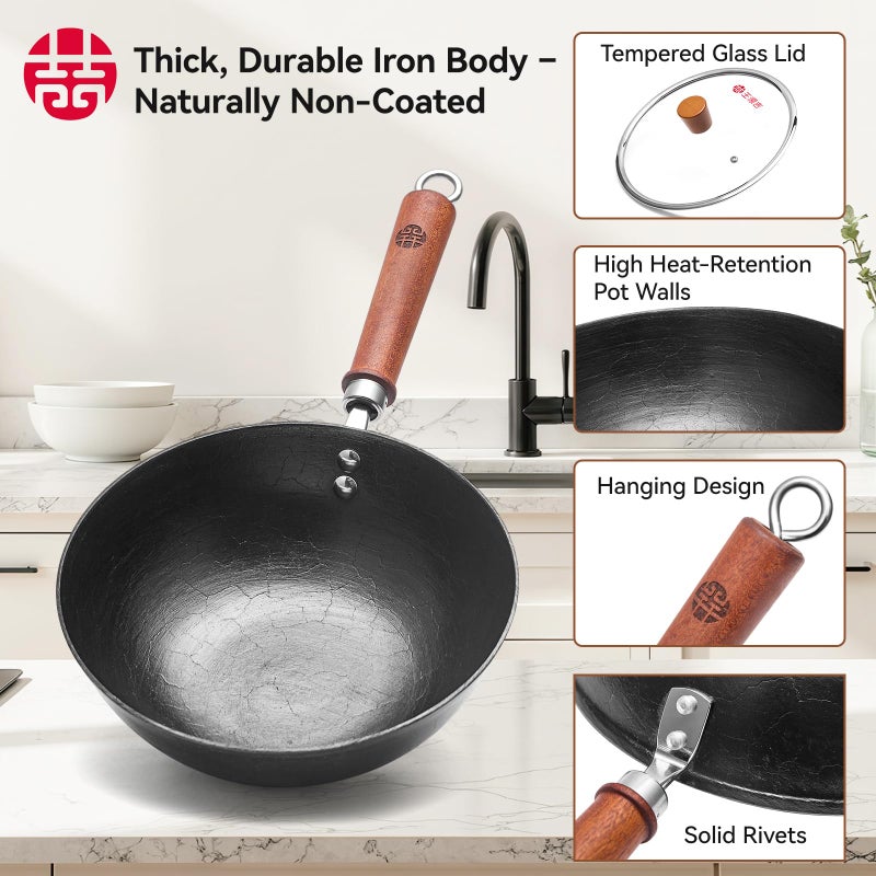 WANGYUANJI 9.5 Inch Small Cast Iron Wok with Lid - Handcrafted Tortoise Shell Texture Uncoated Stir Fry Pan, Flat Bottom Wok for Electric, Induction & Gas Stoves, 2.5 Quart (Requires Seasoning) - Image 3