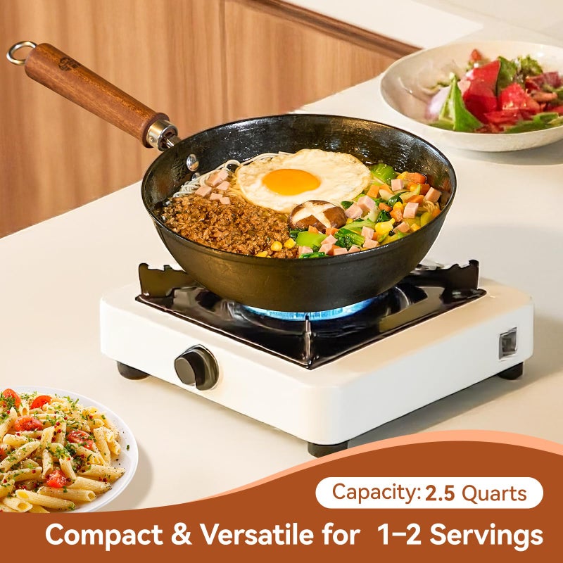 WANGYUANJI 9.5 Inch Small Cast Iron Wok with Lid - Handcrafted Tortoise Shell Texture Uncoated Stir Fry Pan, Flat Bottom Wok for Electric, Induction & Gas Stoves, 2.5 Quart (Requires Seasoning) - Image 4