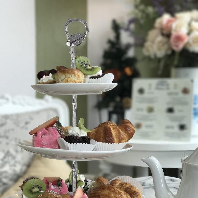 Happy Will 3 Tier 14" Heavy Metal Cake Stand Holder Fruit Plate Stand Fitting Hardware Rod with Stylus (Sliver_Leaves) - Image 3