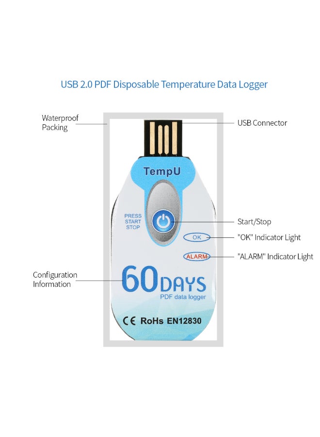 Waterproof USB 2.0 PDF Disposable Temperature Data Logger Blue 2.7 x 1.3inch - Image 2