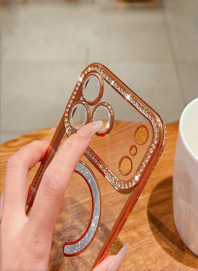 MIFENDUCT MINFEDUCT Glitter Diamond Magnetic Case for iPhone 17 Pro Max Clear Support Wireless Charging 17 Pro Max Case Women Girls Cute Bling Luxury Shiny Sparkle Shockproof Protective Cover 6.9", Orange - Image 4
