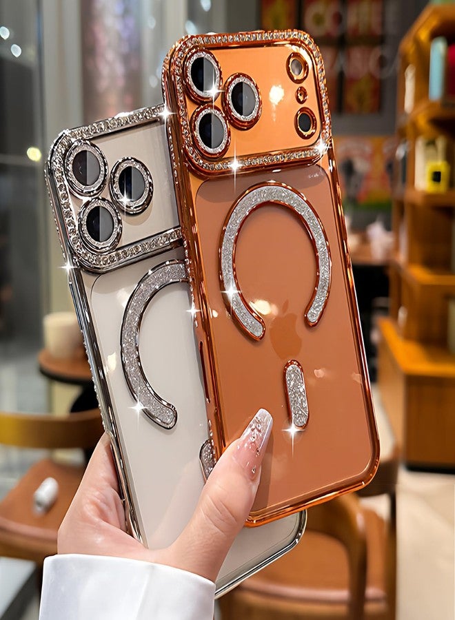MIFENDUCT MINFEDUCT Glitter Diamond Magnetic Case for iPhone 17 Pro Max Clear Support Wireless Charging 17 Pro Max Case Women Girls Cute Bling Luxury Shiny Sparkle Shockproof Protective Cover 6.9", Orange - Image 3