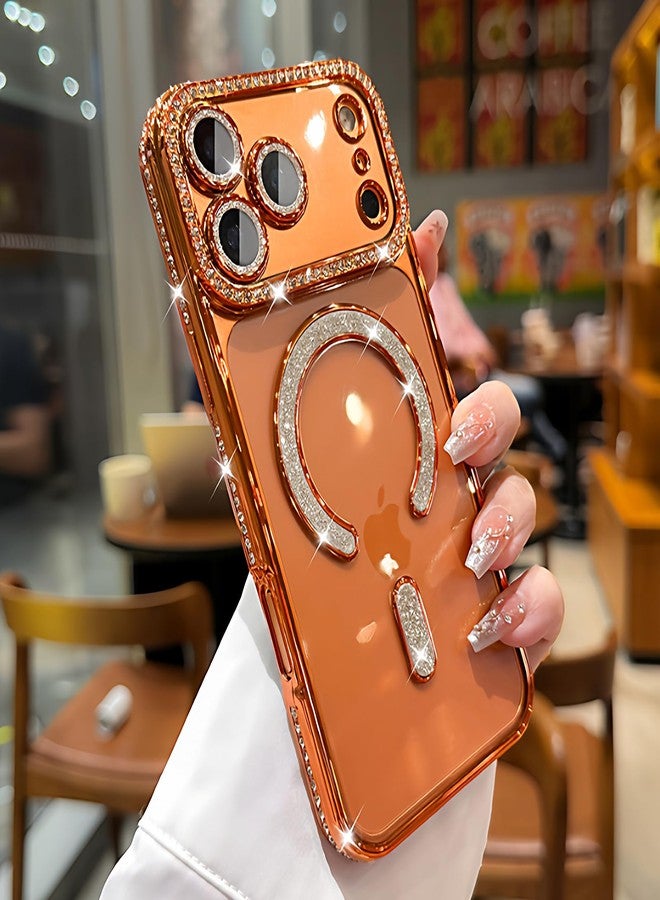 MIFENDUCT MINFEDUCT Glitter Diamond Magnetic Case for iPhone 17 Pro Max Clear Support Wireless Charging 17 Pro Max Case Women Girls Cute Bling Luxury Shiny Sparkle Shockproof Protective Cover 6.9", Orange - Image 1