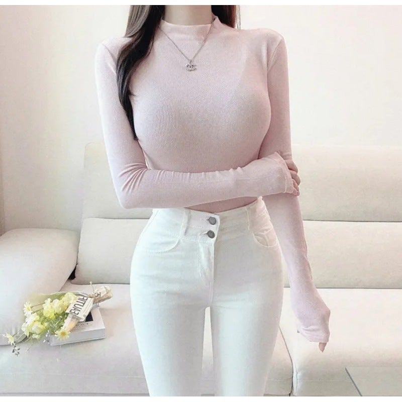 South Korea Dongdaemun Fashion Half Turtleneck Long Sleeve T-Shirt Tight Bottoming Shirt Solid Color Simple T-Shirt - Image 4