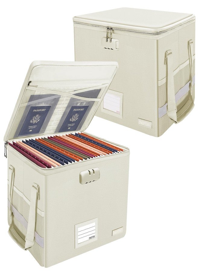 ENGPOW File Box with Lock,Fireproof Document Box with Pockets,Collapsible File Storage Organizer Box Filing Box with Handle,Portable Home Office Safe Box for Hanging Letter/Legal Folder,2 Pack(Beige) - Image 1