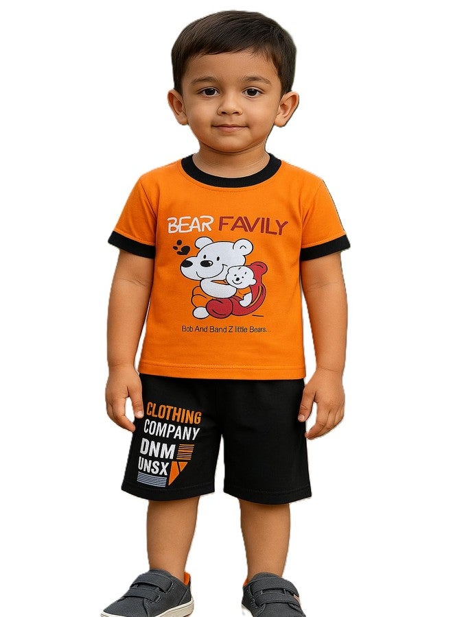 RIZZQ Kids Dress for Boys | Printed Round Neck Half Sleeve T-shirt and Short Pant Clothing Set for Boys (1-2 Y, Bear Family) - Image 1