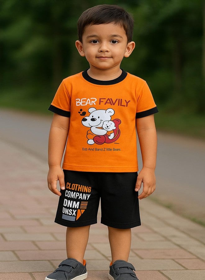 RIZZQ Kids Dress for Boys | Printed Round Neck Half Sleeve T-shirt and Short Pant Clothing Set for Boys (1-2 Y, Bear Family) - Image 2