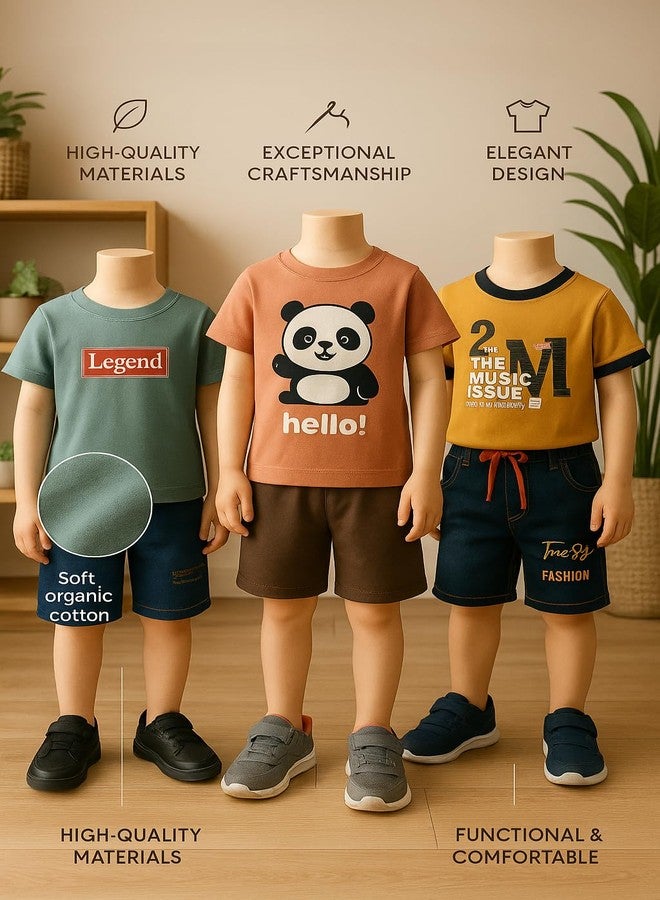 RIZZQ Kids Dress for Boys | Printed Round Neck Half Sleeve T-shirt and Short Pant Clothing Set for Boys (1-2 Y, Bear Family) - Image 5