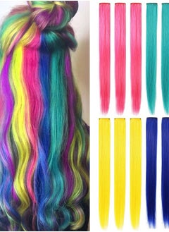 ECOCHARMS 8PCS Princess Party Highlights Clip in Colored Hair Extensions Costumes Wig for American Girls(Blue Yellow Pink Teal)  - Image 1