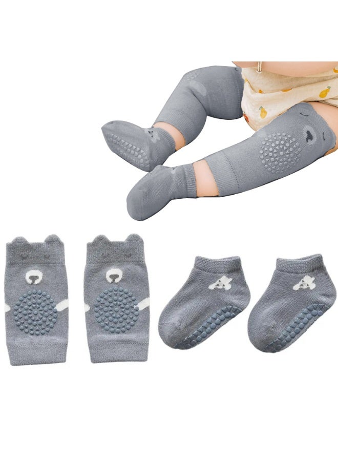 Baby Crawling Knee Pads and Anti-Slip Floor Crawl Socks Set For Toddlers,DarkGray,M - Image 1