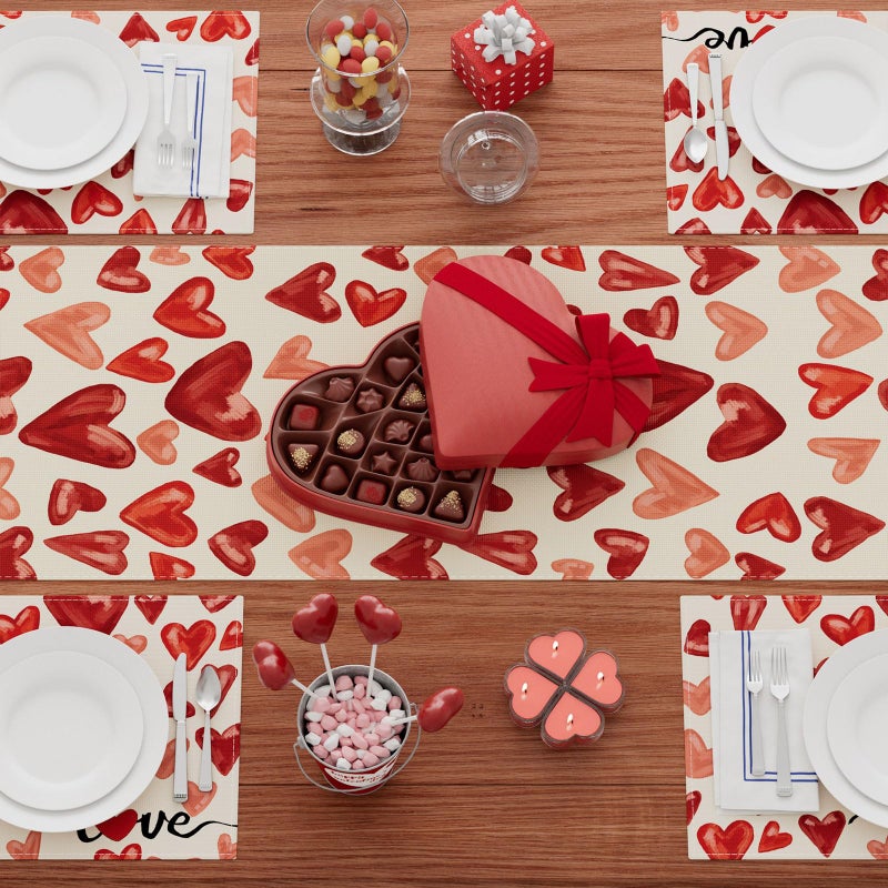 XCHI Watercolor Red Love Hearts Valentineâ€™s Day Table Runner Table Decoration for Party Home Kitchen Dining Holiday Decor 13x72 Inch - Image 4