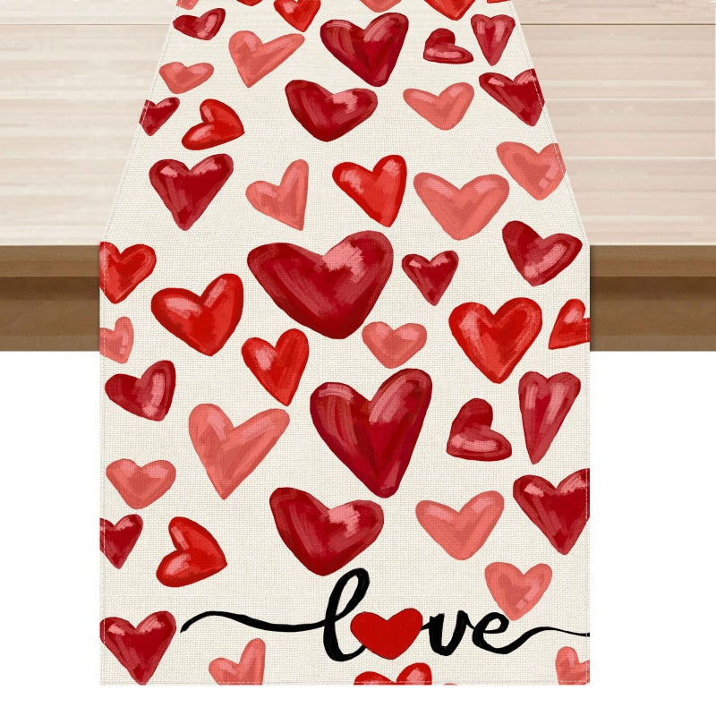 XCHI Watercolor Red Love Hearts Valentineâ€™s Day Table Runner Table Decoration for Party Home Kitchen Dining Holiday Decor 13x72 Inch - Image 1