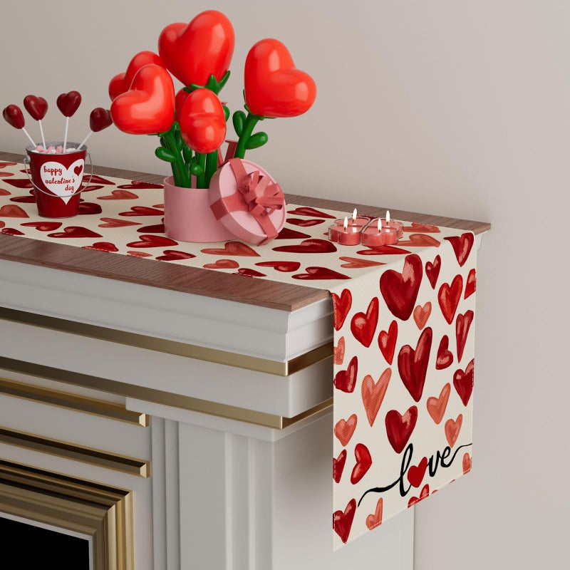 XCHI Watercolor Red Love Hearts Valentineâ€™s Day Table Runner Table Decoration for Party Home Kitchen Dining Holiday Decor 13x72 Inch - Image 3