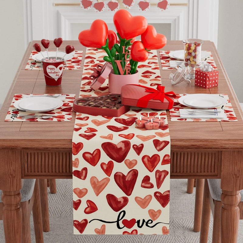 XCHI Watercolor Red Love Hearts Valentineâ€™s Day Table Runner Table Decoration for Party Home Kitchen Dining Holiday Decor 13x72 Inch - Image 2