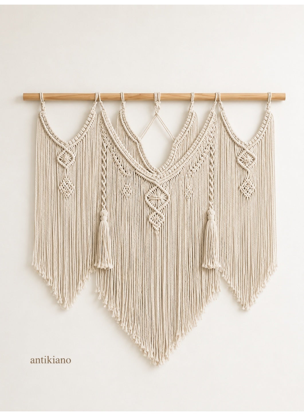Boho Macrame Wall Hanging with Layered Woven Design – Handmade Wall Décor with Long Tassels for Living Room and Bedroom – Cream- 100 x 100 cm