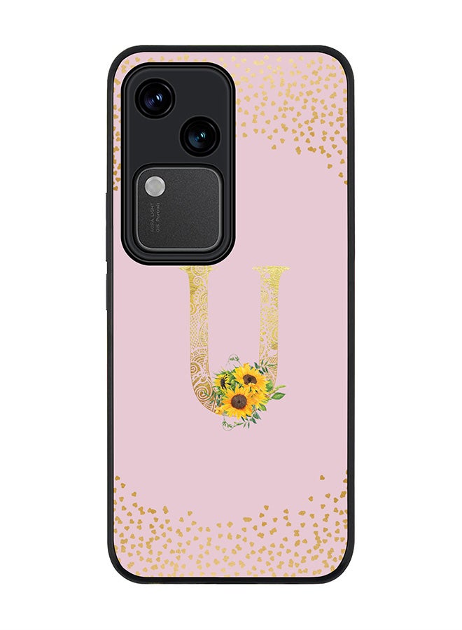 Stylizedd Rugged Black edge case for Vivo V30 5G, Flexible Cover -  Custom Monogram Initial Letter Mandala Floral Pattern Alphabet - U  (Pink ) - Image 1