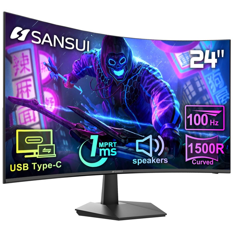 SANSUI Curved Monitor 24 inch 100Hz USB Type-C Computer Monitor with Built-in Speakers- MPRT 1ms,Adaptive Sync,HDR,1500R,VESA 75x75mm Compatible, for Home and Office(ES-24C1) - Image 1