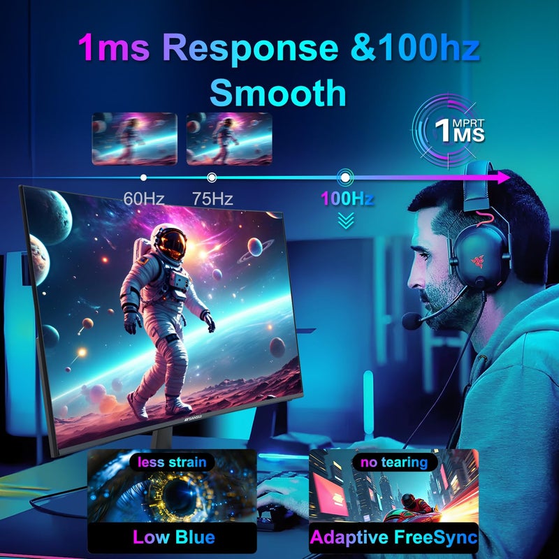 SANSUI Curved Monitor 24 inch 100Hz USB Type-C Computer Monitor with Built-in Speakers- MPRT 1ms,Adaptive Sync,HDR,1500R,VESA 75x75mm Compatible, for Home and Office(ES-24C1) - Image 2