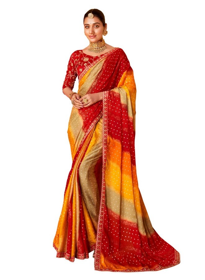 saree mall ساري مول ساري شيفون أحمر مزين بتفاصيل الدانتيل مع قطعة بلوزة غير مخيطة (SANVI2005_SS) - Image 1